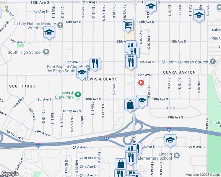 map of restaurants, bars, coffee shops, grocery stores, and more near 1742 14 1/2 Street South in Fargo