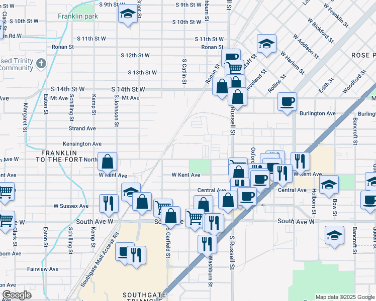 map of restaurants, bars, coffee shops, grocery stores, and more near 1711 North Avenue West in Missoula
