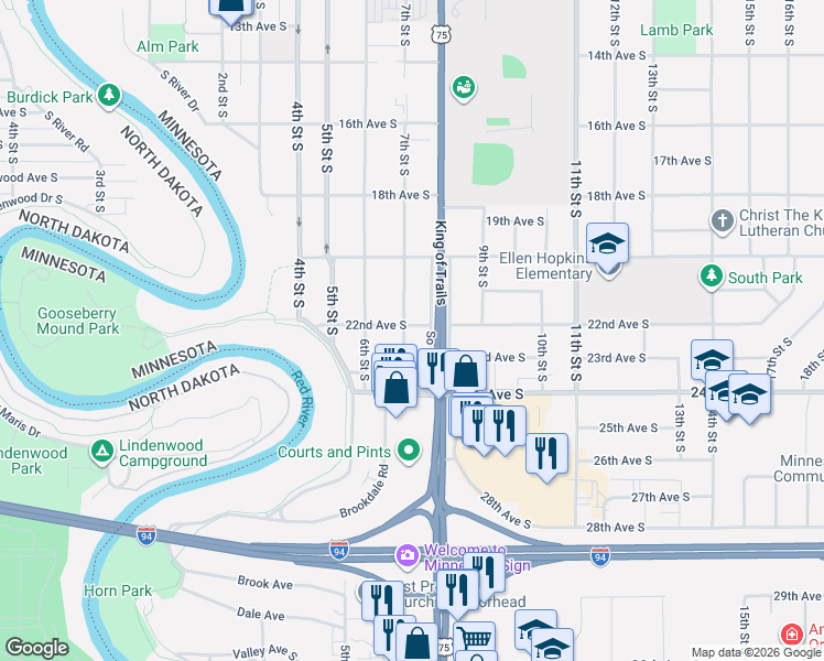 map of restaurants, bars, coffee shops, grocery stores, and more near 2212 7th Street South in Moorhead
