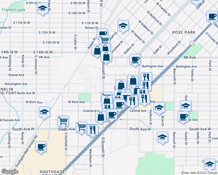 map of restaurants, bars, coffee shops, grocery stores, and more near 1246 North Avenue West in Missoula