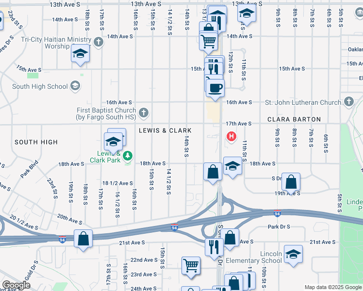 map of restaurants, bars, coffee shops, grocery stores, and more near 1742 14 1/2 Street South in Fargo