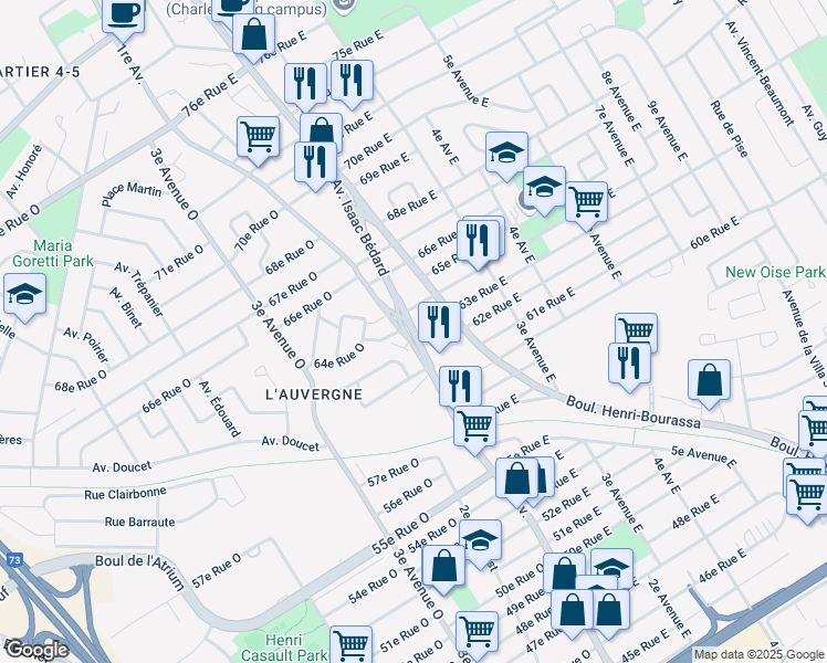 map of restaurants, bars, coffee shops, grocery stores, and more near 6350 Avenue Isaac Bédard in Charlesbourg