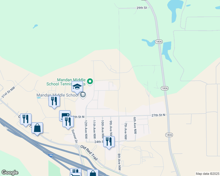 map of restaurants, bars, coffee shops, grocery stores, and more near 3104 12th Avenue Northwest in Mandan