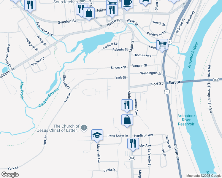 map of restaurants, bars, coffee shops, grocery stores, and more near 18 Haines Street in Caribou