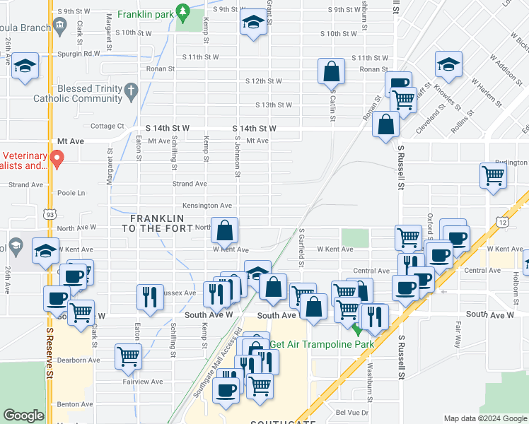 map of restaurants, bars, coffee shops, grocery stores, and more near 1910 North Avenue West in Missoula