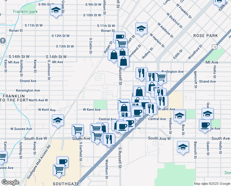 map of restaurants, bars, coffee shops, grocery stores, and more near 1903 South Russell Street in Missoula