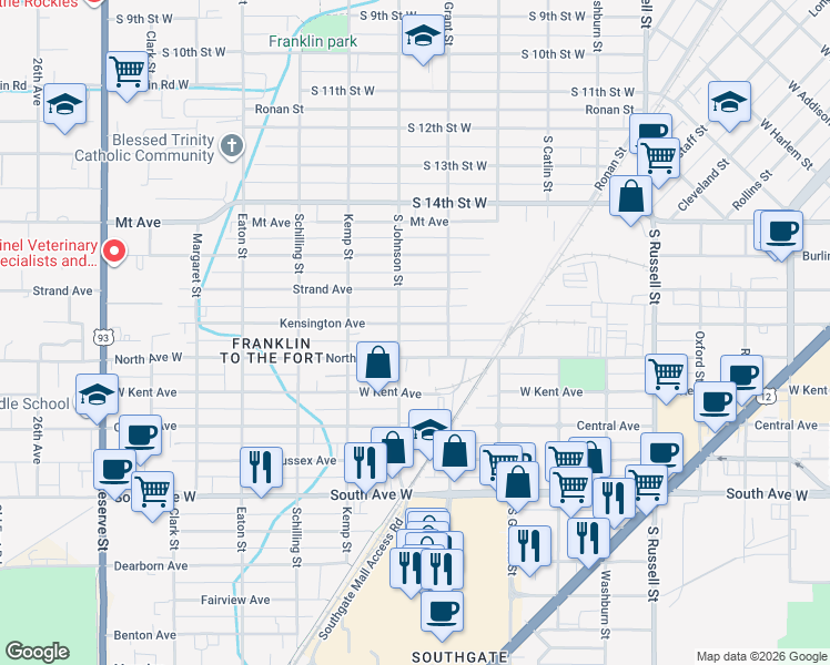 map of restaurants, bars, coffee shops, grocery stores, and more near 1910 North Avenue West in Missoula