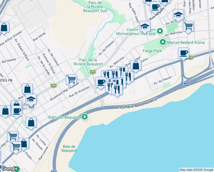 map of restaurants, bars, coffee shops, grocery stores, and more near 3401 Boulevard Sainte-Anne in Québec