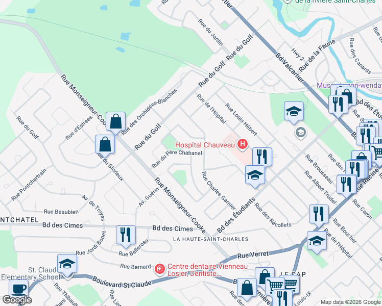map of restaurants, bars, coffee shops, grocery stores, and more near 8 Rue du Père Chabanel in Quebec