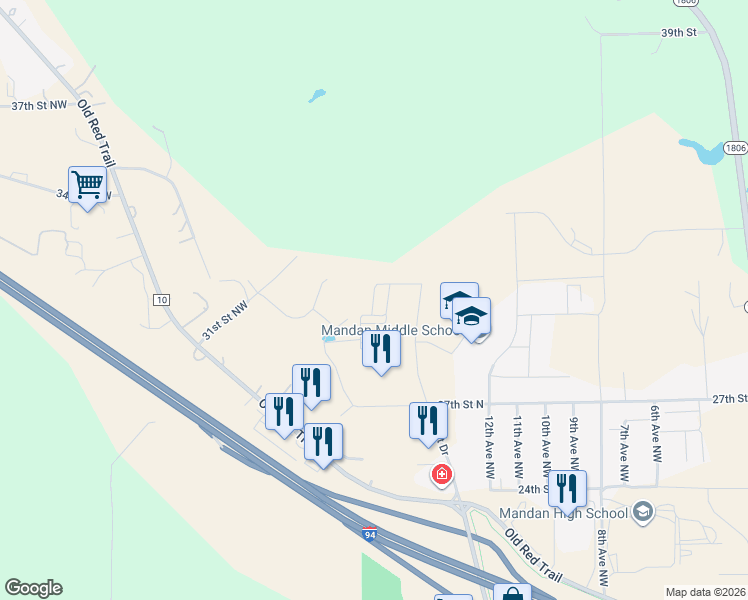 map of restaurants, bars, coffee shops, grocery stores, and more near 1619 31st Street Northwest in Mandan