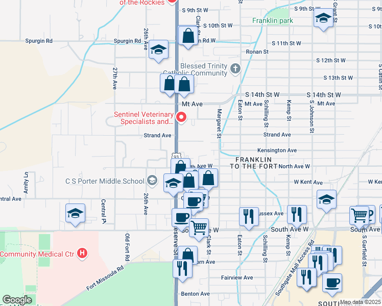 map of restaurants, bars, coffee shops, grocery stores, and more near 2432 North Ave W in Missoula