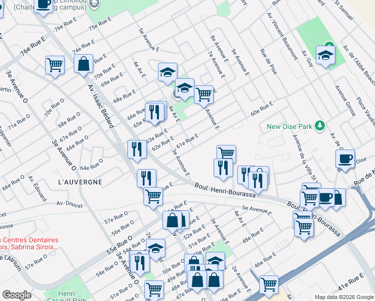 map of restaurants, bars, coffee shops, grocery stores, and more near 355 60e Rue Est in Québec