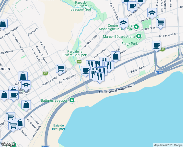 map of restaurants, bars, coffee shops, grocery stores, and more near 3401 Boulevard Sainte-Anne in Québec