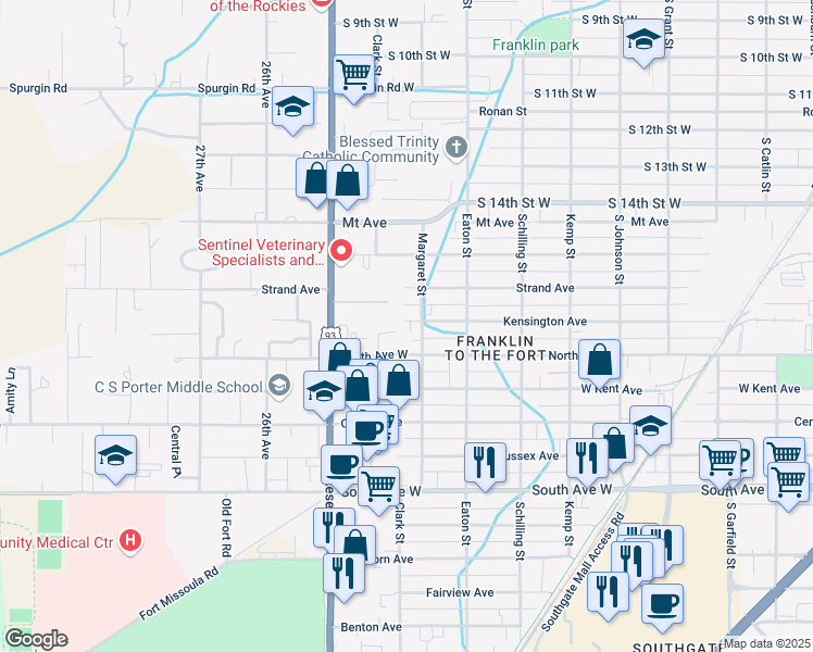map of restaurants, bars, coffee shops, grocery stores, and more near 2000 Margaret Street in Missoula