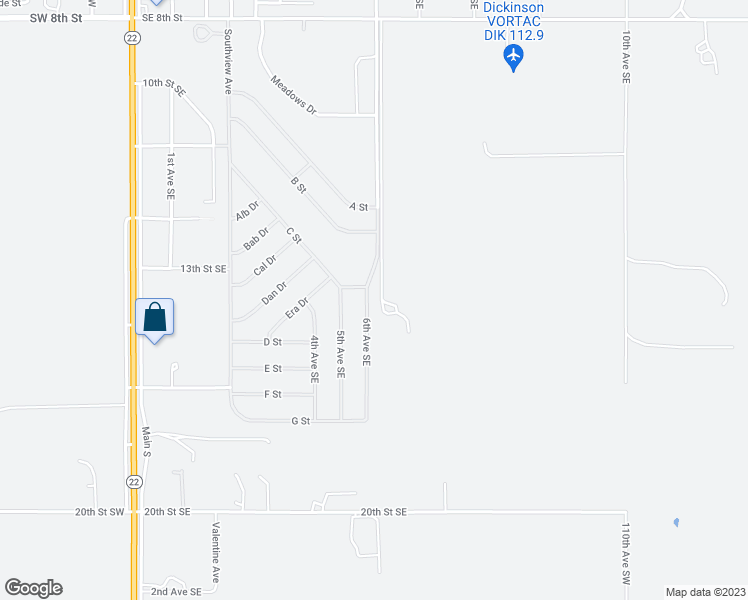 map of restaurants, bars, coffee shops, grocery stores, and more near 1337 6th Avenue Southeast in Dickinson