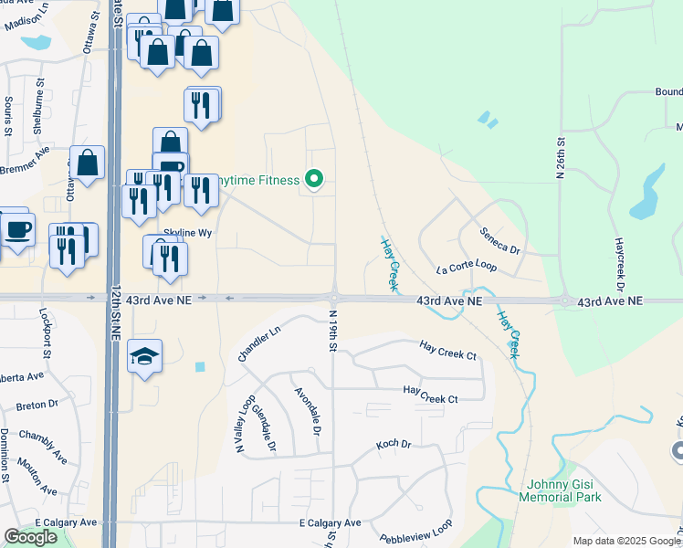 map of restaurants, bars, coffee shops, grocery stores, and more near 1711 Skyline Boulevard in Bismarck