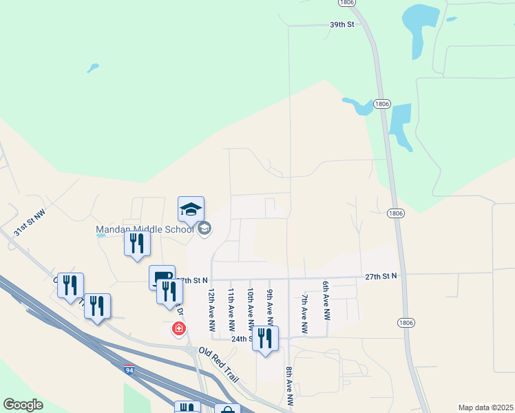 map of restaurants, bars, coffee shops, grocery stores, and more near 3104 12th Avenue Northwest in Mandan