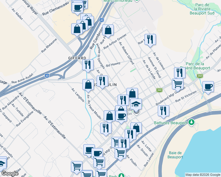 map of restaurants, bars, coffee shops, grocery stores, and more near 3219 Rue Saint Lucien in Québec