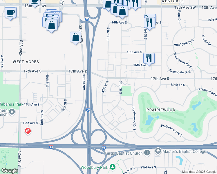 map of restaurants, bars, coffee shops, grocery stores, and more near 1709 35th Street South in Fargo