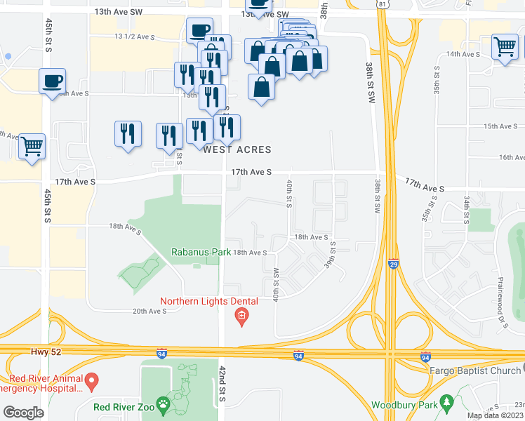 map of restaurants, bars, coffee shops, grocery stores, and more near 1717 40th Street Southwest in Fargo