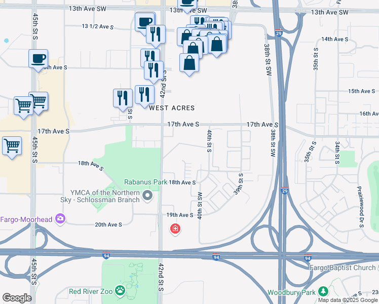 map of restaurants, bars, coffee shops, grocery stores, and more near 1717 40th Street Southwest in Fargo