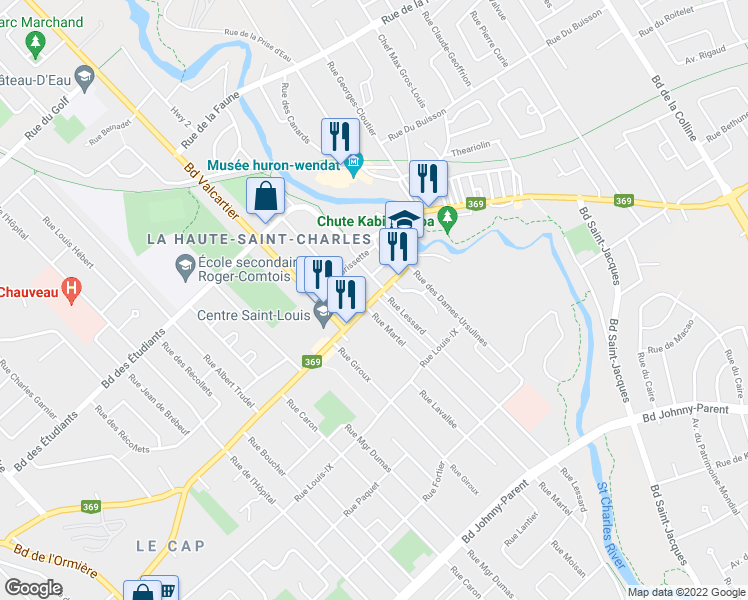 map of restaurants, bars, coffee shops, grocery stores, and more near 155 Rue Racine in Quebec
