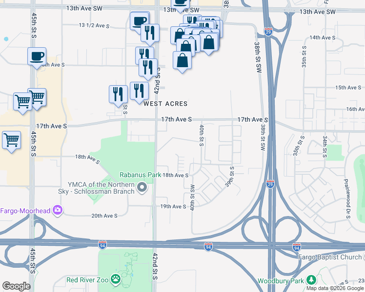 map of restaurants, bars, coffee shops, grocery stores, and more near 1717 40th Street Southwest in Fargo