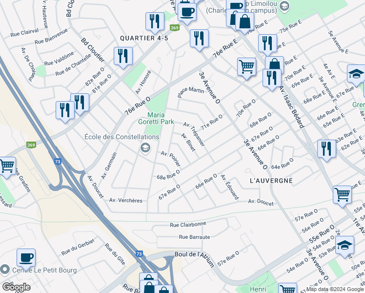 map of restaurants, bars, coffee shops, grocery stores, and more near 7020 Avenue Verdon in Québec