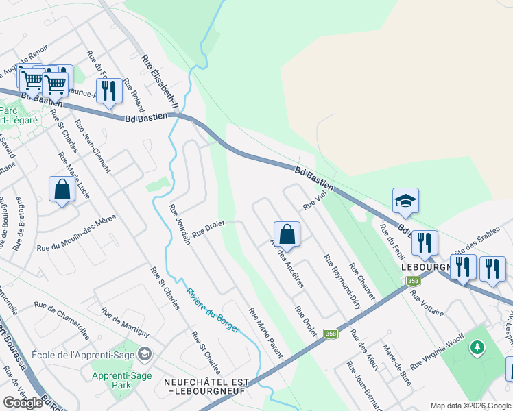 map of restaurants, bars, coffee shops, grocery stores, and more near 9500 Avenue des Ancêtres in Québec
