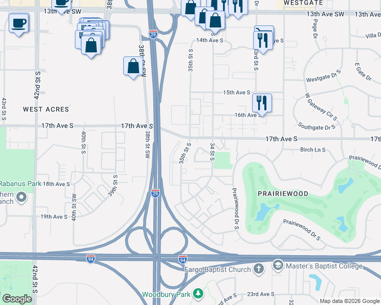 map of restaurants, bars, coffee shops, grocery stores, and more near 1728 35th Street South in Fargo