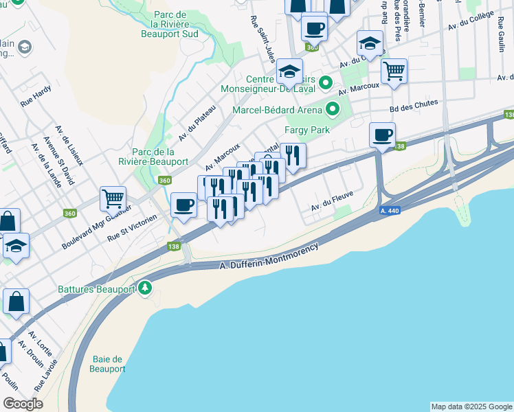 map of restaurants, bars, coffee shops, grocery stores, and more near 3450 Boulevard Sainte-Anne in Québec