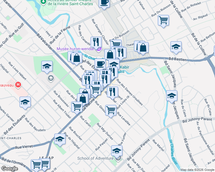 map of restaurants, bars, coffee shops, grocery stores, and more near 141 Rue Racine in Québec
