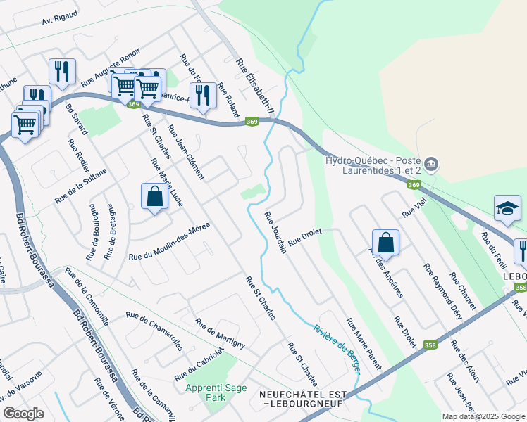 map of restaurants, bars, coffee shops, grocery stores, and more near 9795 Rue Jourdain in Quebec