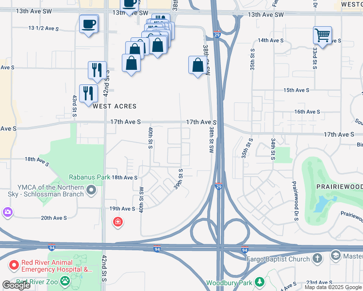 map of restaurants, bars, coffee shops, grocery stores, and more near 1741 39th Street South in Fargo