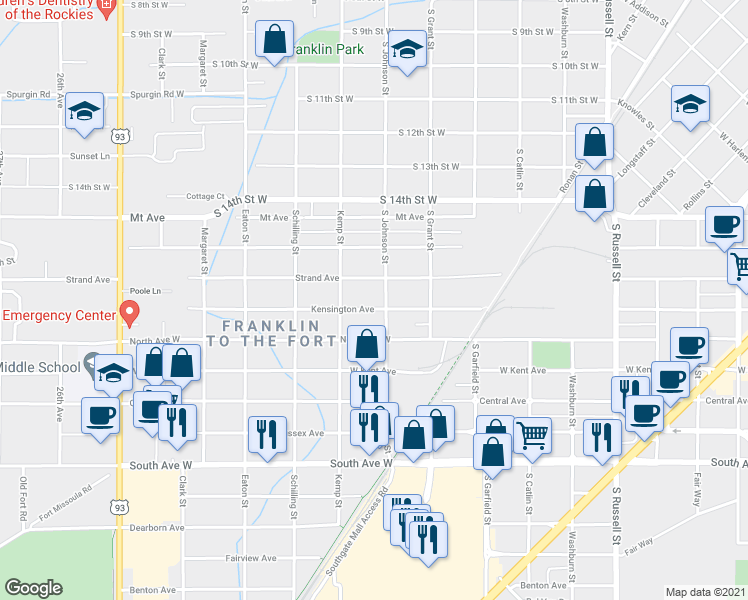 map of restaurants, bars, coffee shops, grocery stores, and more near 2006 Kensington Avenue in Missoula
