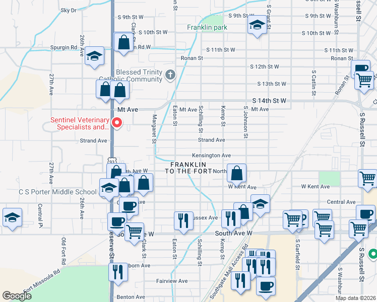 map of restaurants, bars, coffee shops, grocery stores, and more near 2217 Strand Avenue in Missoula