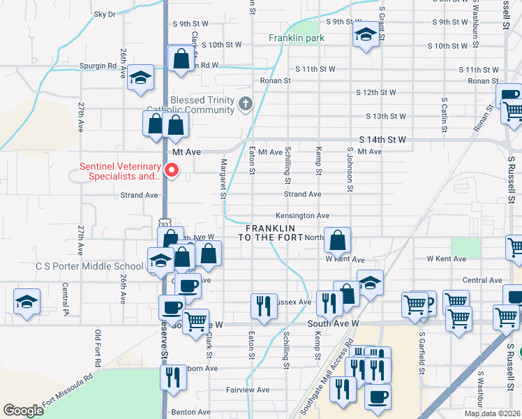 map of restaurants, bars, coffee shops, grocery stores, and more near 2217 Strand Avenue in Missoula