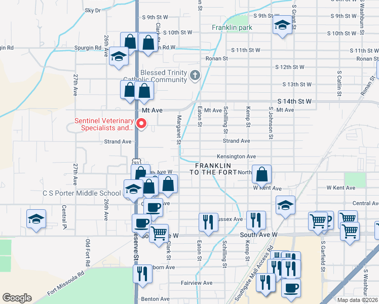 map of restaurants, bars, coffee shops, grocery stores, and more near 1807 Eaton Street in Missoula
