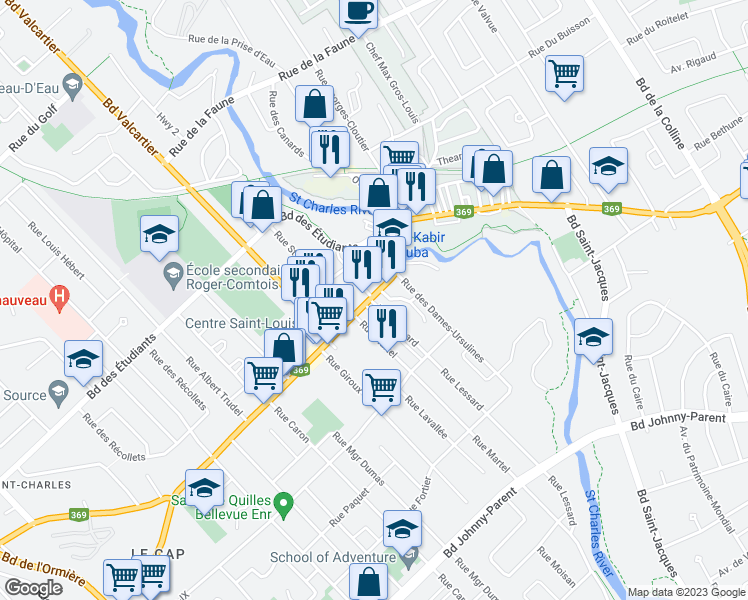 map of restaurants, bars, coffee shops, grocery stores, and more near 80 Rue Racine in Québec