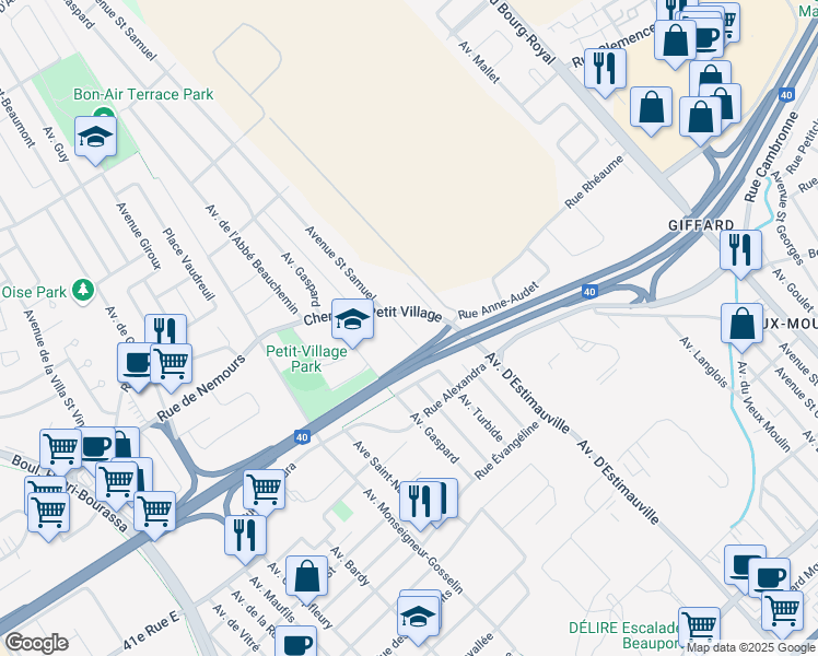 map of restaurants, bars, coffee shops, grocery stores, and more near 2980 Avenue Saint Samuel in Quebec