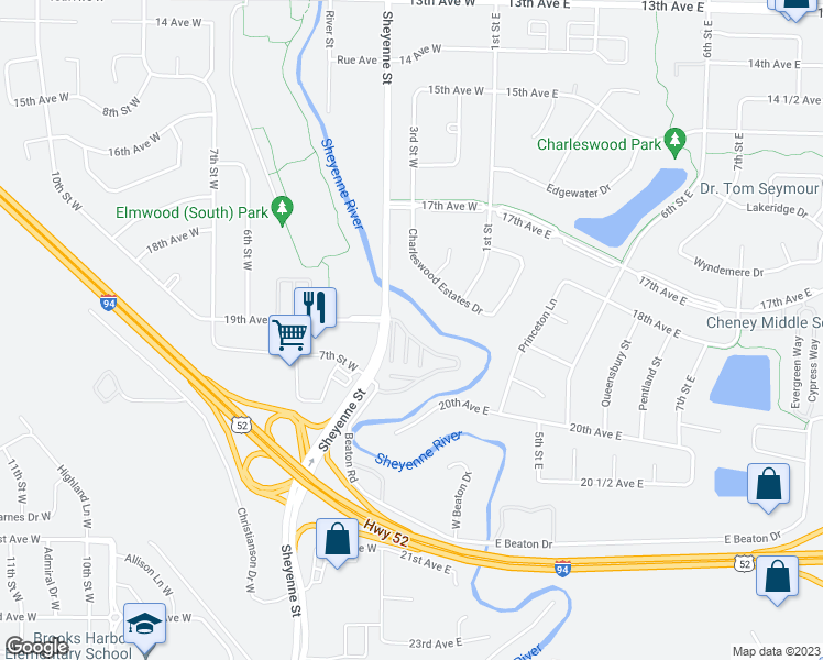 map of restaurants, bars, coffee shops, grocery stores, and more near 1901 Sheyenne Street in West Fargo