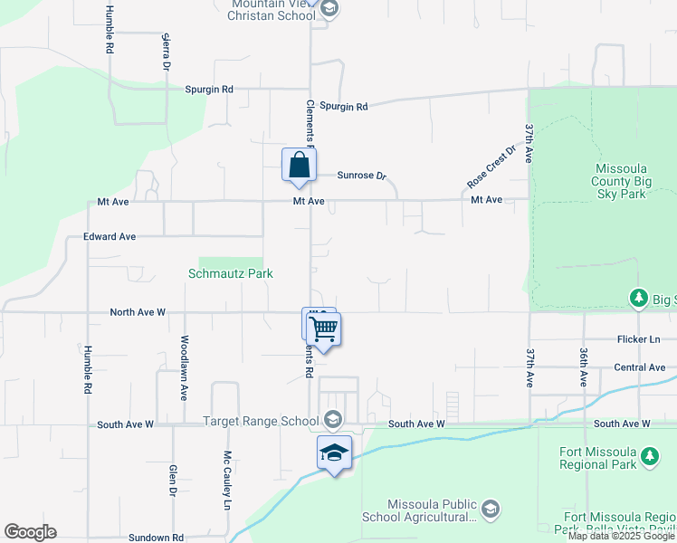 map of restaurants, bars, coffee shops, grocery stores, and more near 1832 Clements Road in Missoula