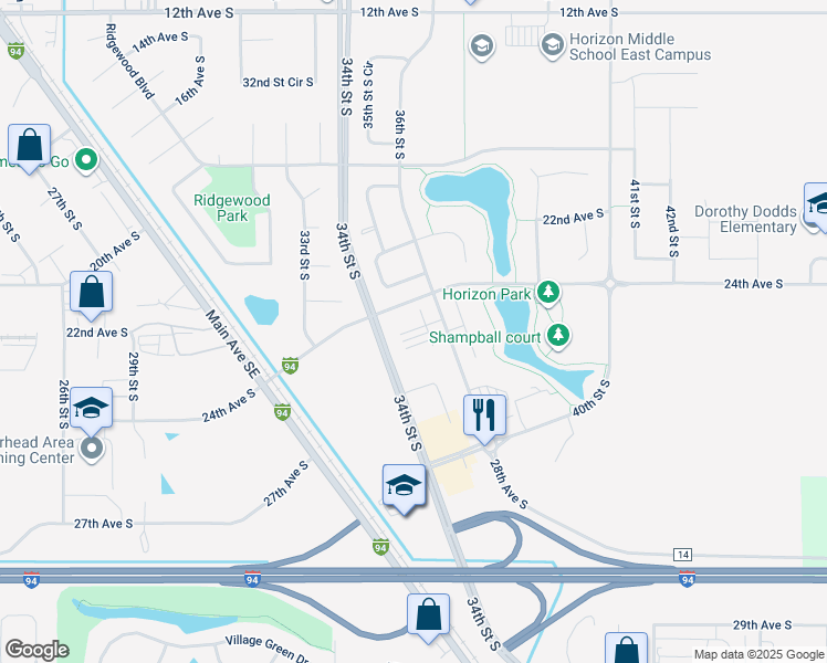 map of restaurants, bars, coffee shops, grocery stores, and more near 2411 34th Street South in Moorhead