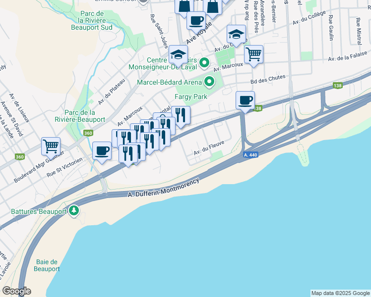 map of restaurants, bars, coffee shops, grocery stores, and more near 22 Rue des Mouettes in Ville de Québec
