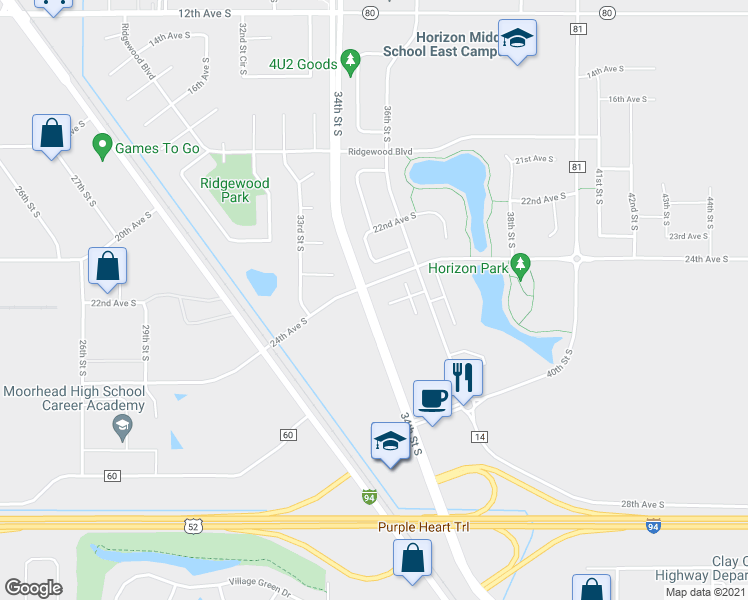 map of restaurants, bars, coffee shops, grocery stores, and more near 2411 34th Street South in Moorhead