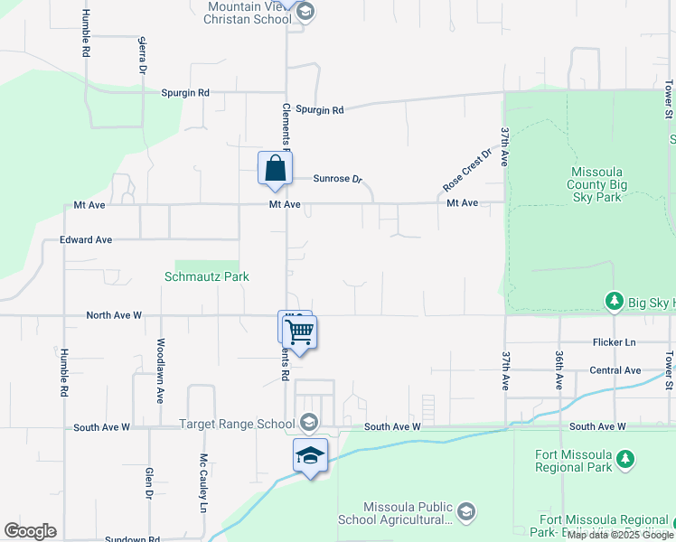 map of restaurants, bars, coffee shops, grocery stores, and more near 1832 Clements Rd in Missoula