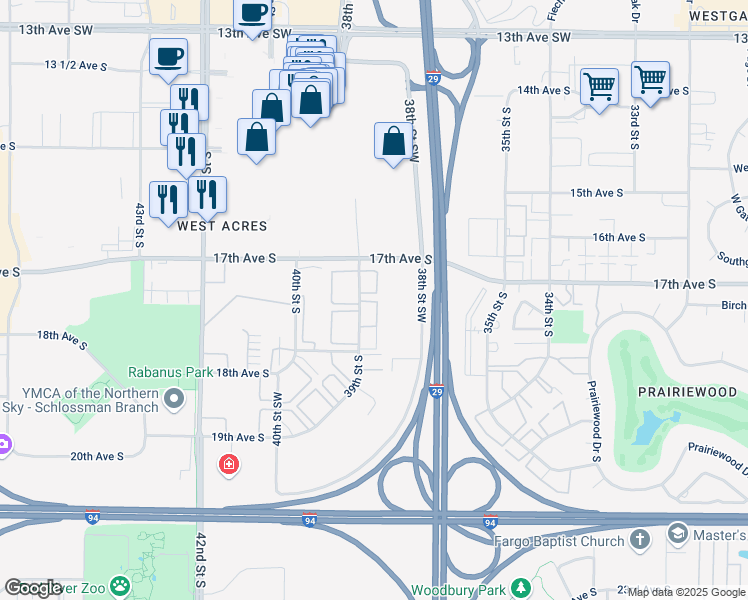 map of restaurants, bars, coffee shops, grocery stores, and more near 1701 38th St S in Fargo