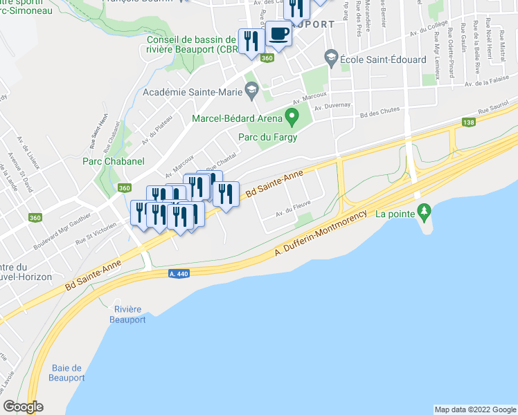 map of restaurants, bars, coffee shops, grocery stores, and more near 20 Rue des Mouettes in Québec