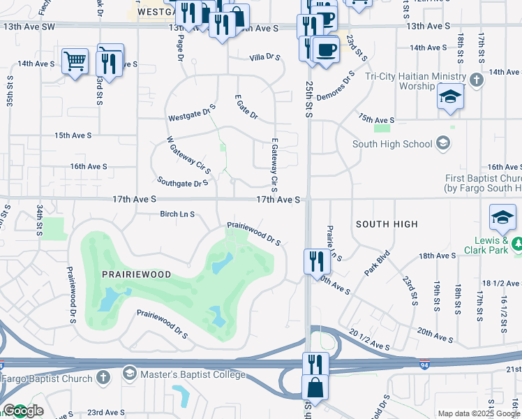 map of restaurants, bars, coffee shops, grocery stores, and more near 2600-2744 17th Avenue South in Fargo