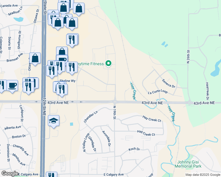 map of restaurants, bars, coffee shops, grocery stores, and more near 1711 Skyline Boulevard in Bismarck
